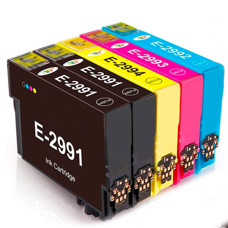 Conjunto de quatro tinteiros coloridos para impressora com etiquetas e texto