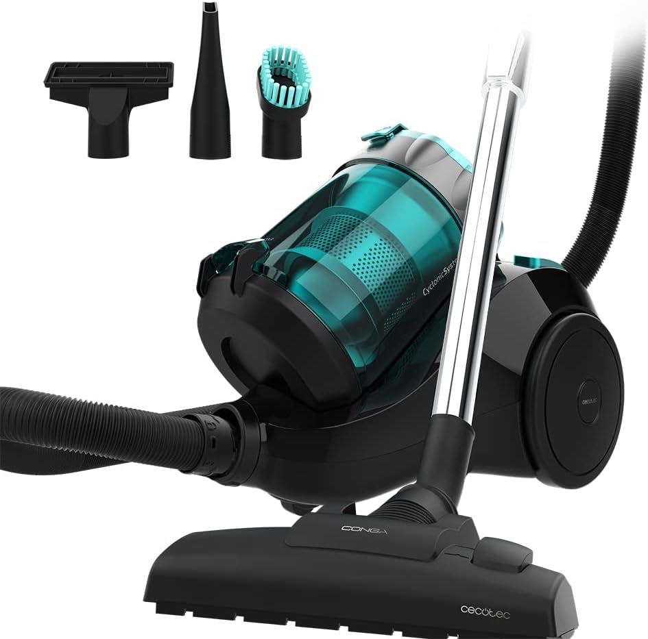 aspirador de pó preto e azul com acessórios