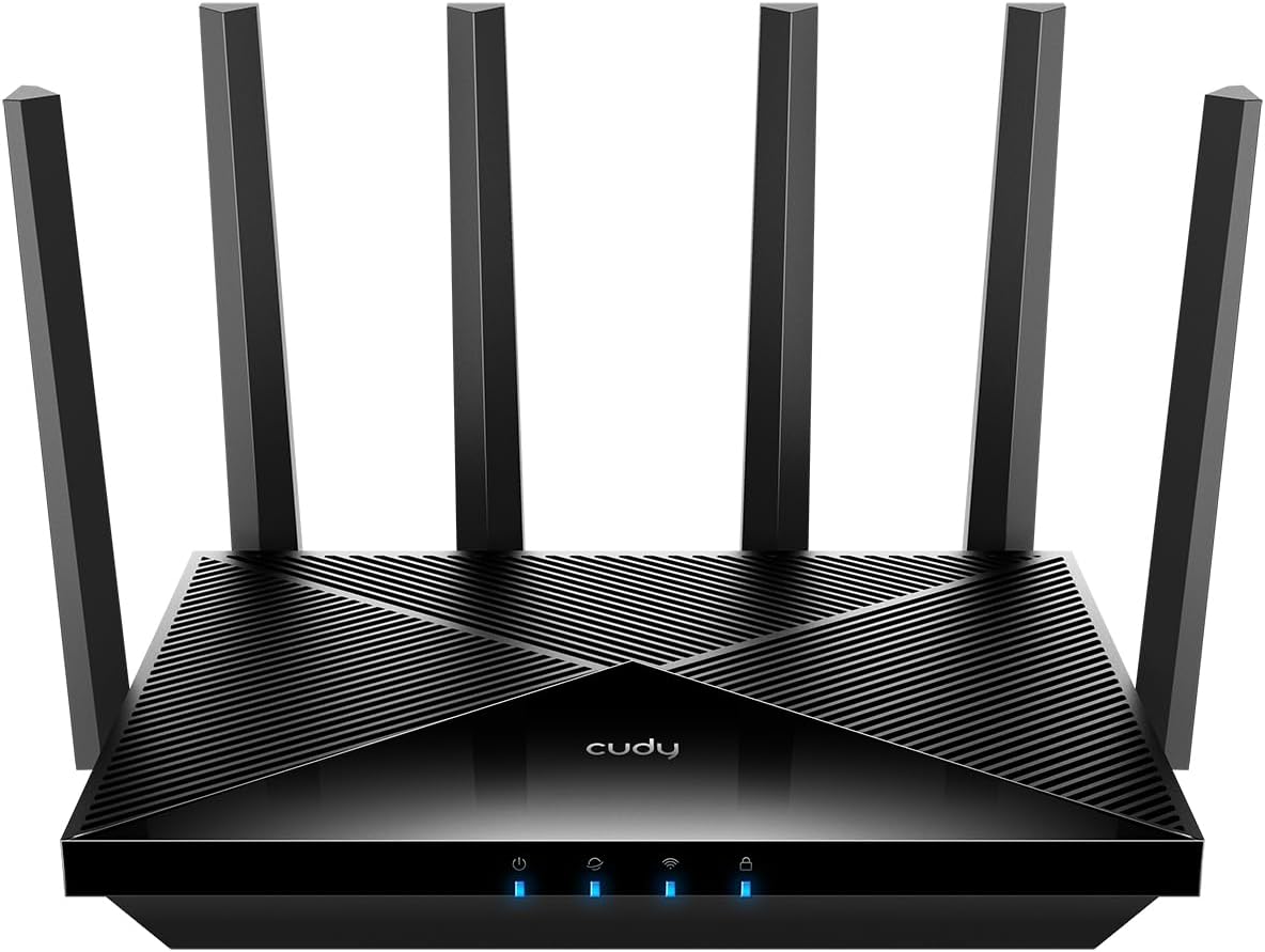 Router sem fios preto com seis antenas e luzes LED azuis