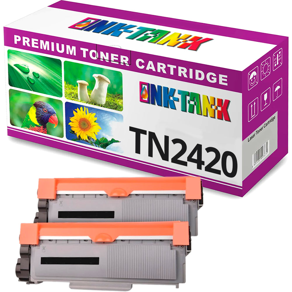 Cartuchos de toner cinza com detalhes laranja junto a embalagem branca e roxa com texto e imagens coloridas