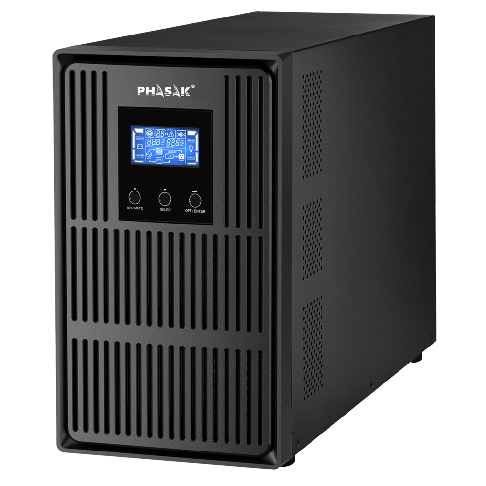 Unidade preta PHASAK UPS com visor digital e botões rotativos