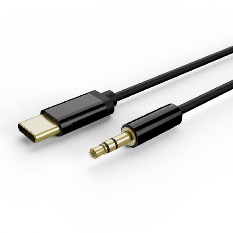 Cabo USB-C para jack 3,5 mm preto com contatos dourados