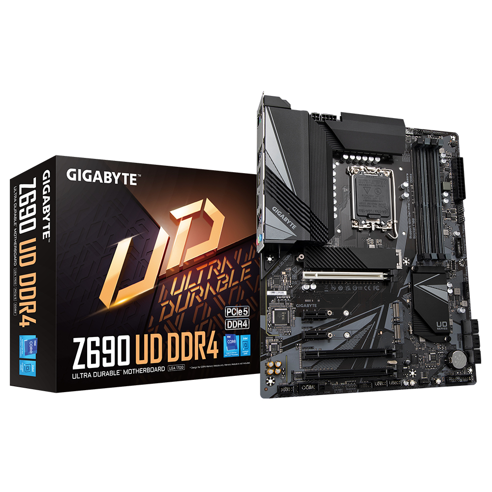 Placa-mãe Gigabyte Z690 UD DDR4 preta com caixa preta e dourada