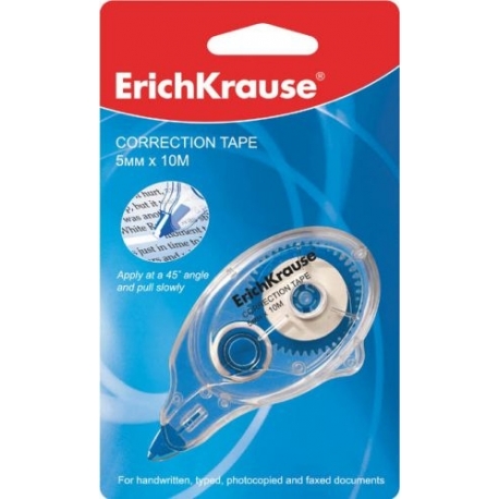 Fita corretora ErichKrause em dispenser plástico transparente em embalagem azul e vermelha