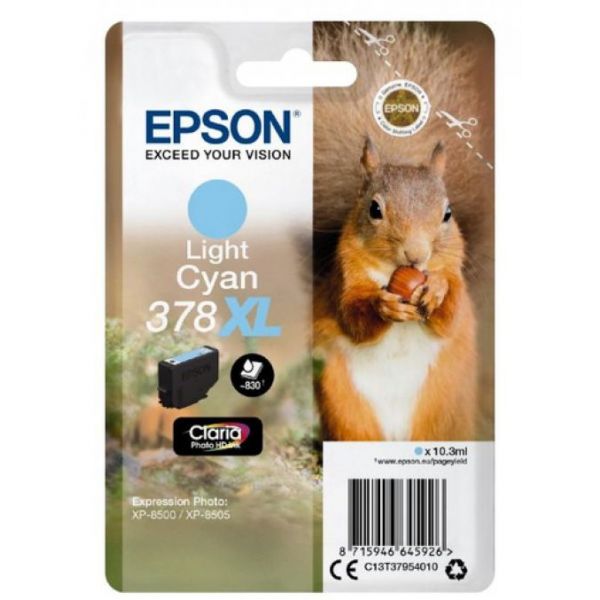 Embalagem do cartucho de tinta Epson Light Cyan 378XL com imagem de esquilo a comer noz