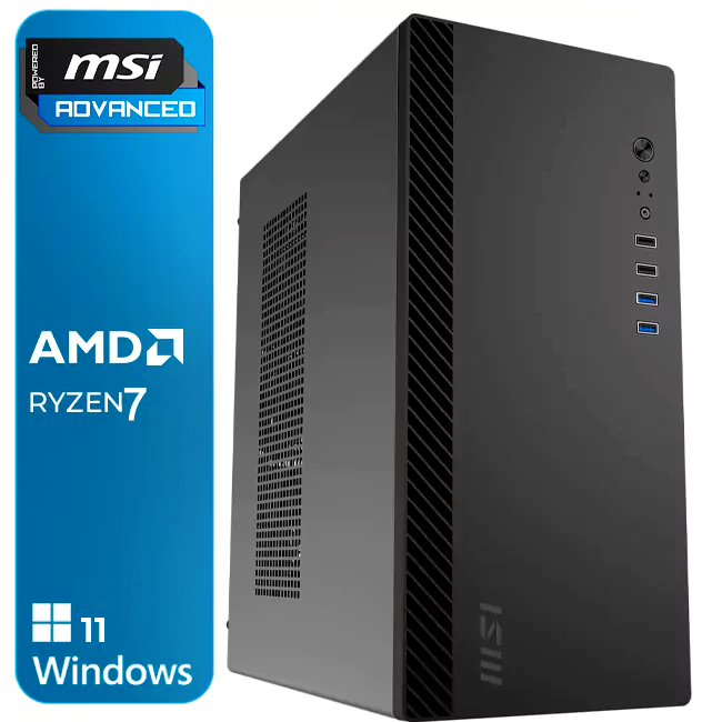 Computador de secretária MSI AMD Ryzen 7 com Windows 11 em fundo branco.