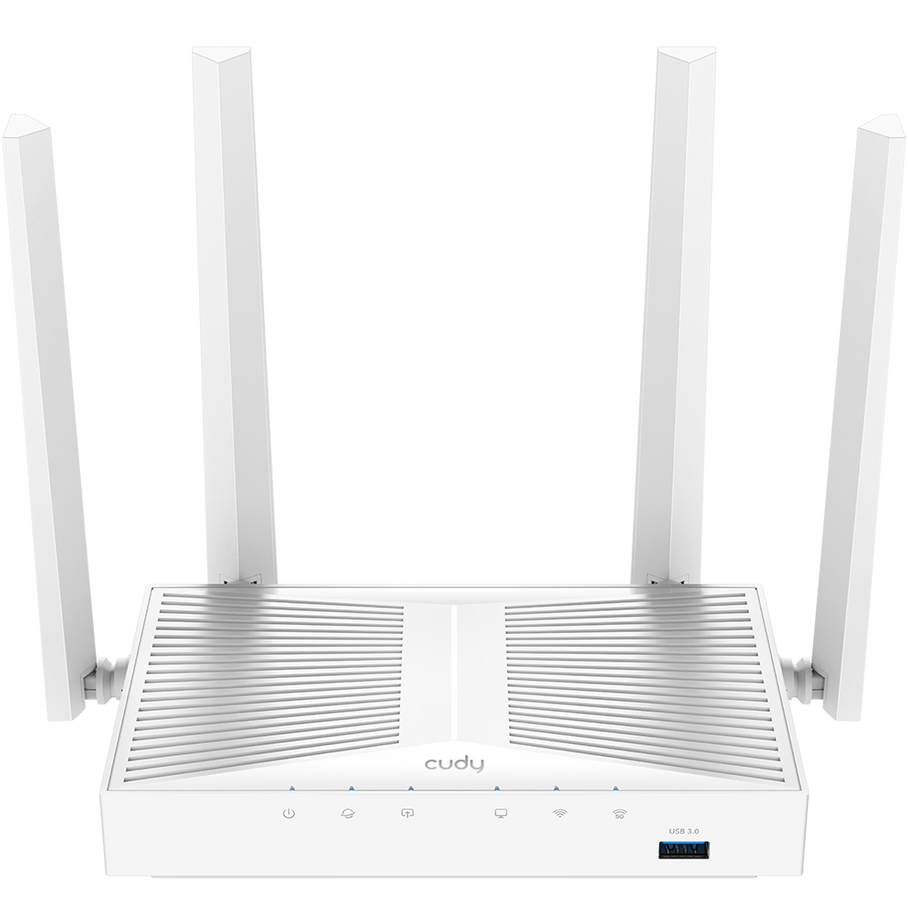 Roteador wireless branco com quatro antenas e luzes LED azuis