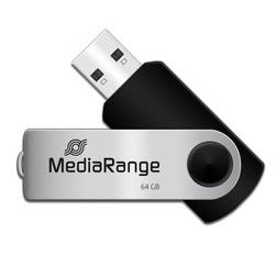Memória USB preta com tampa metálica prateada MediaRange 64 GB