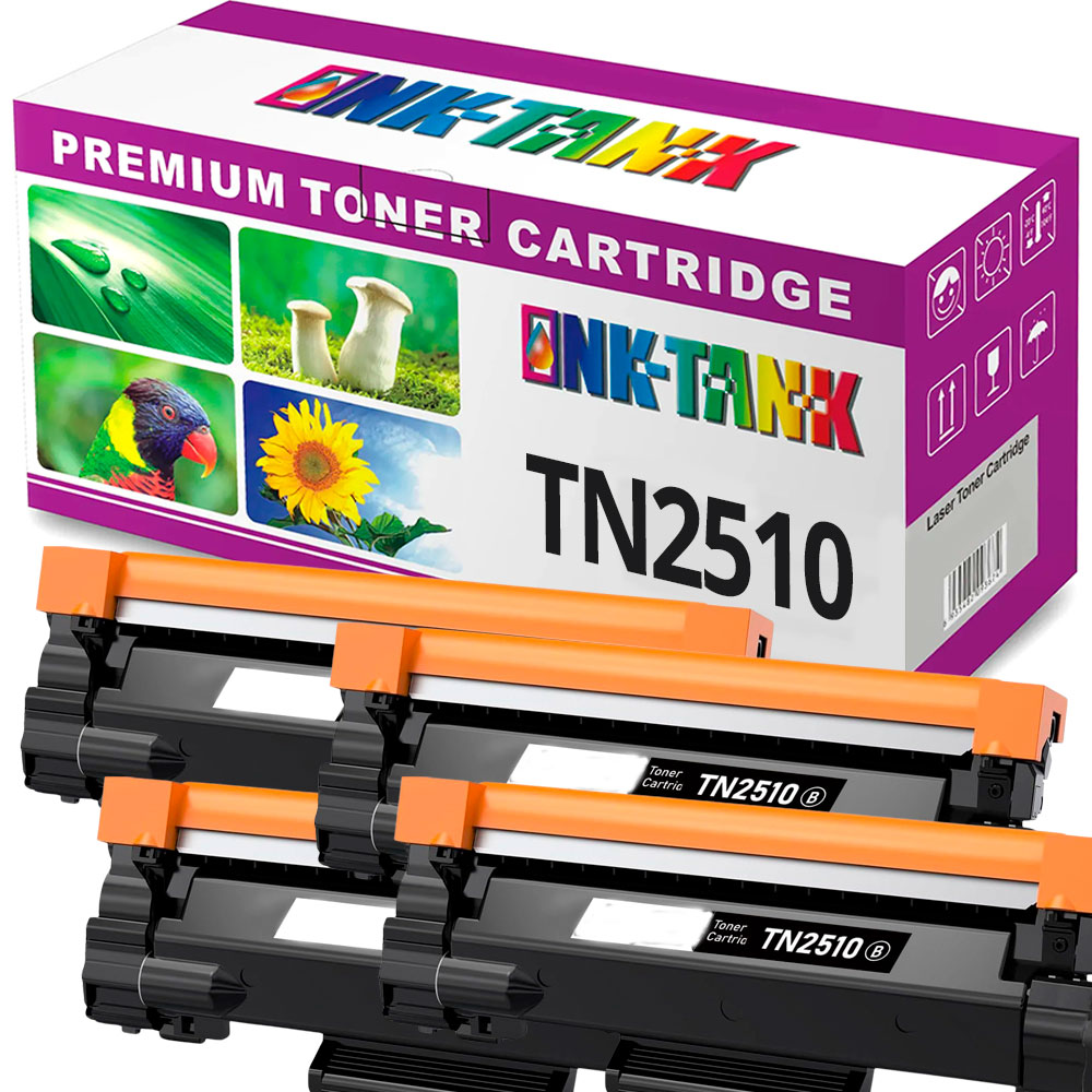 Pack quatro toners TN2510 e caixa INK-TANK roxa e branca com imagens da natureza