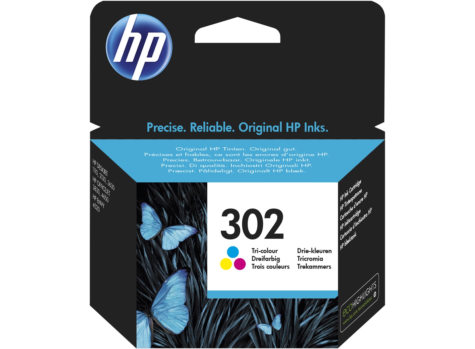 Caixa preta de tinteiro HP 302 tri-color com borboletas azuis e texto multilingue