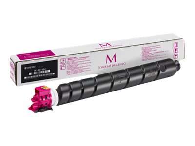 Toner de impressora preto com detalhes cor-de-rosa e embalagem branca com texto