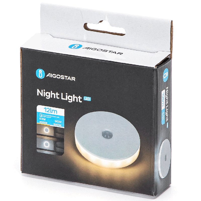Embalagem de luz noturna LED Aigostar preta e branca com luz redonda ilustrada