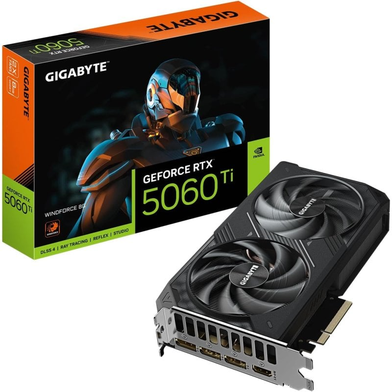 Placa gráfica Gigabyte GeForce RTX 5060 Ti com ventoinhas duplas e caixa preta e laranja.