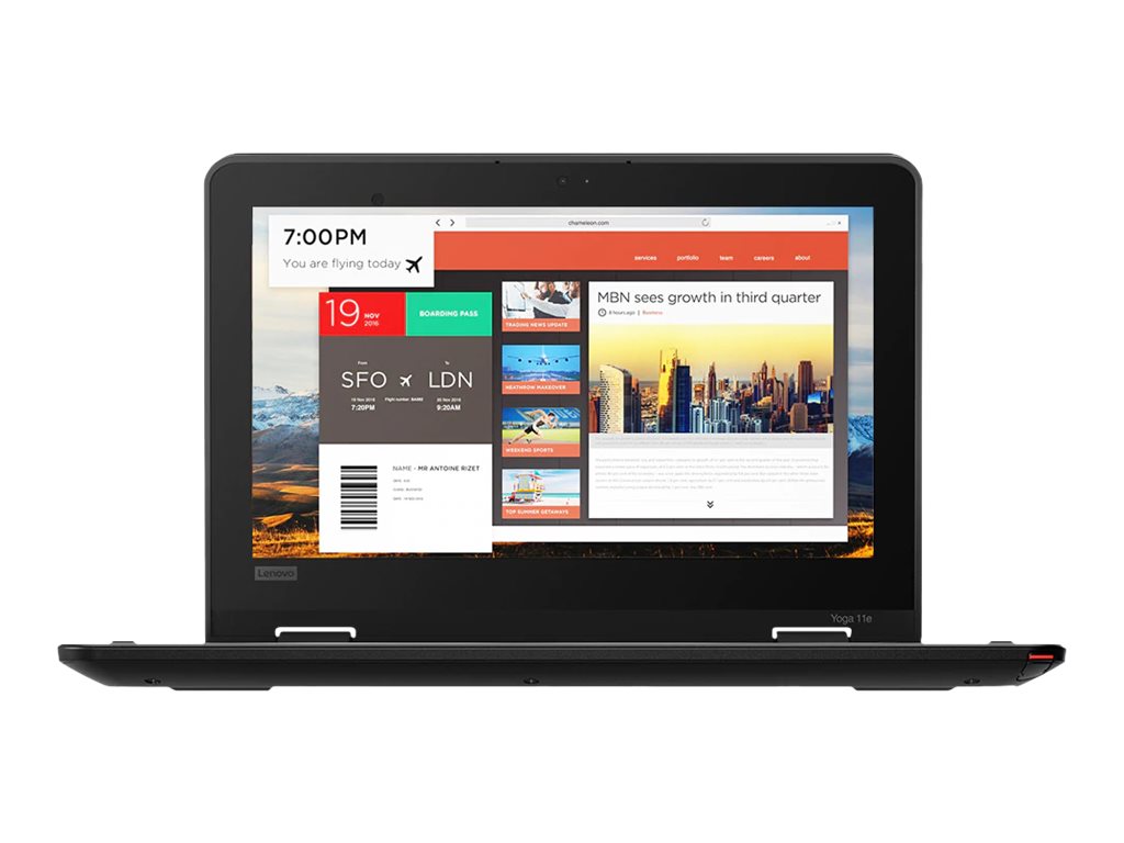 Portátil Lenovo Yoga 11e com ecrã a mostrar cartão de embarque digital e website