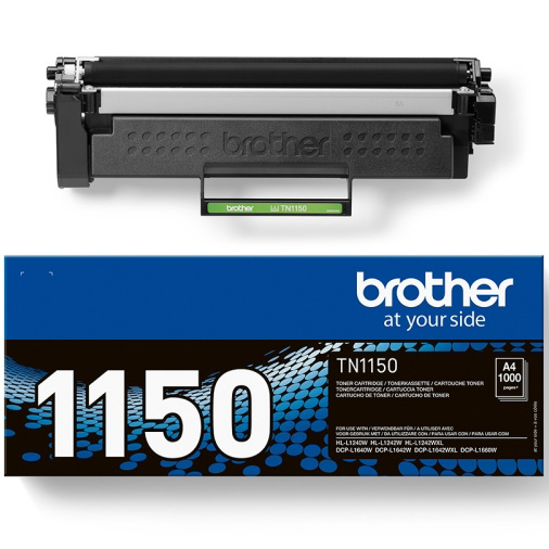 Cartucho de toner Brother TN1150 e caixa azul com texto e gráfico azul