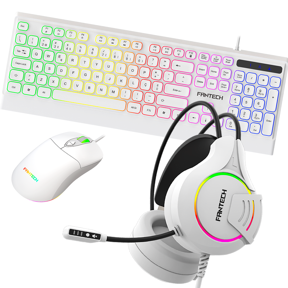 Conjunto de teclado, rato e auscultadores FANTECH brancos com iluminação LED colorida