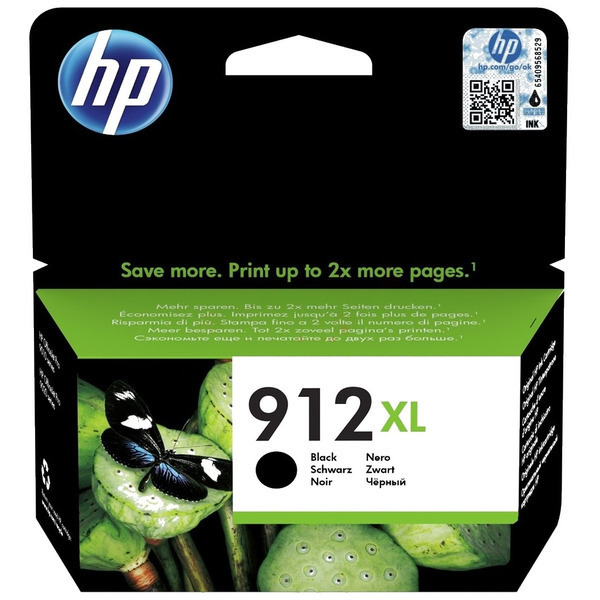 Embalagem HP 912XL tinta preta com borboleta preta em folhas verdes