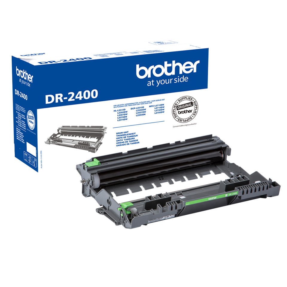 Unidade de tambor Brother DR-2400 e caixa azul e branca com texto.
