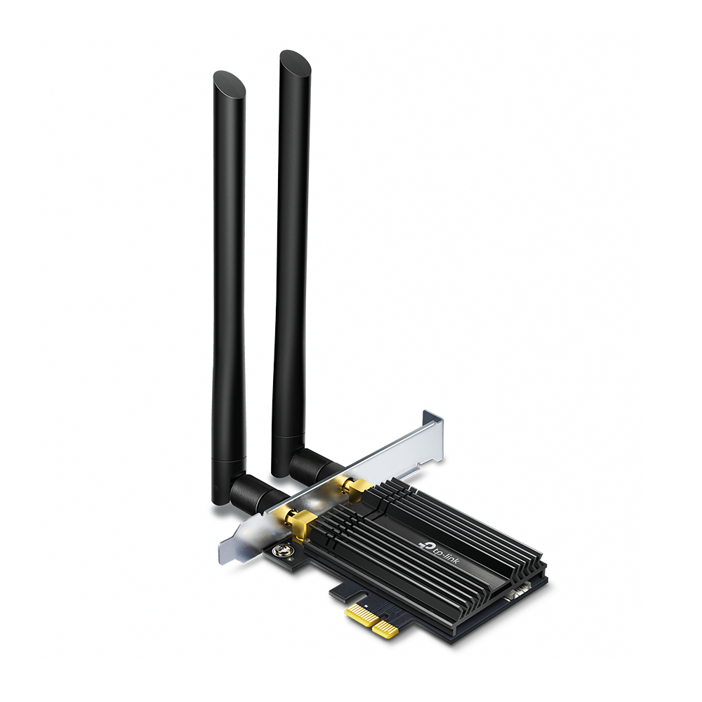 Placa de rede sem fios preta TP-Link com duas antenas e conetores dourados