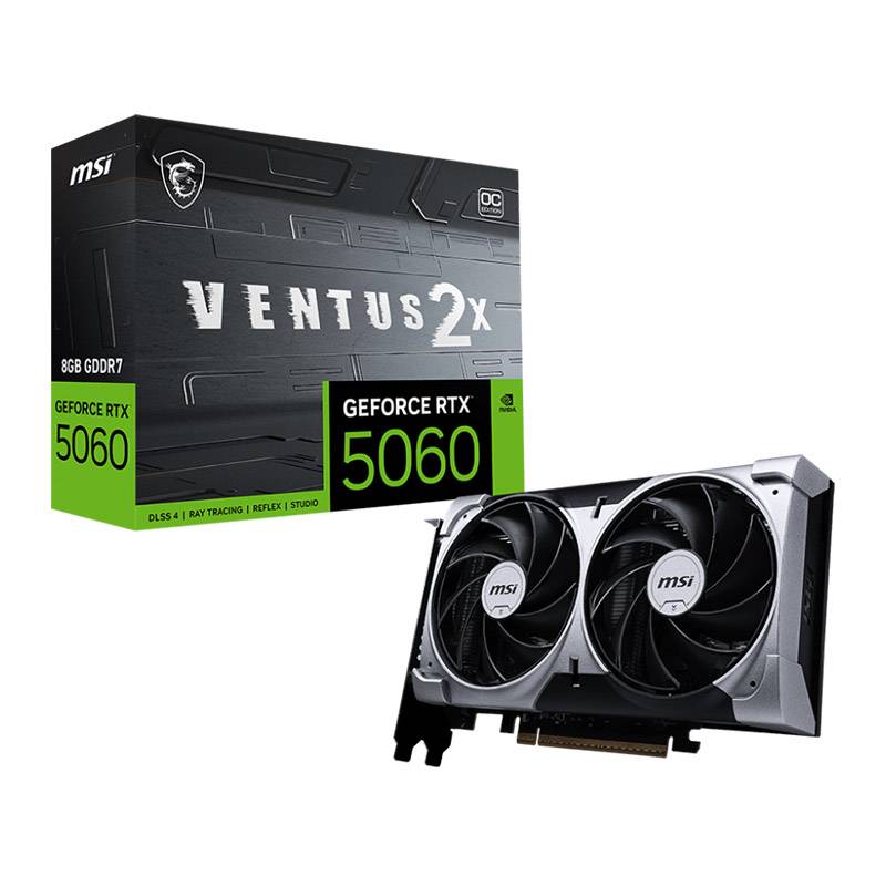 Placa gráfica MSI GeForce RTX 5060 Ventus 2X com dois ventiladores e caixa preta e verde