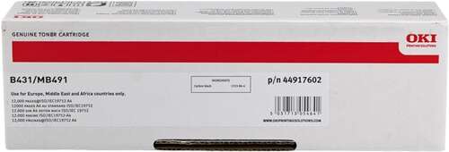 Caixa de cartucho de toner OKI B431/MB491 branca com detalhes vermelhos e pretos