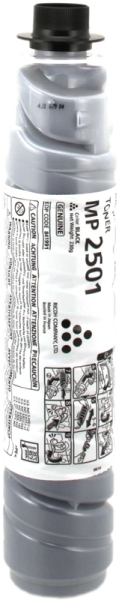 Tubo de toner preto MP 2501 com rótulo branco e tampa preta