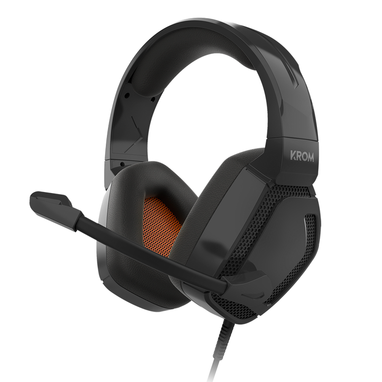 Headset de gaming preto KROM com microfone e almofadas laranja