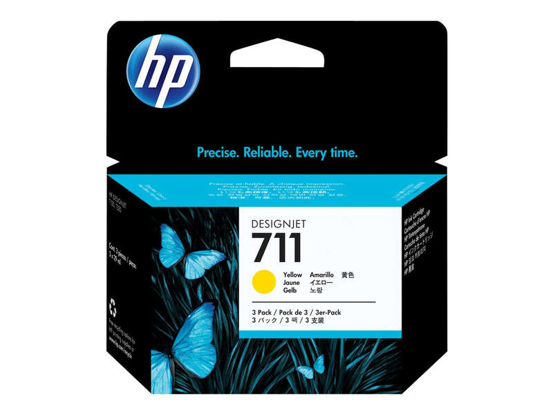 Caixa de tinta HP DesignJet 711 amarela com design de borboletas azuis