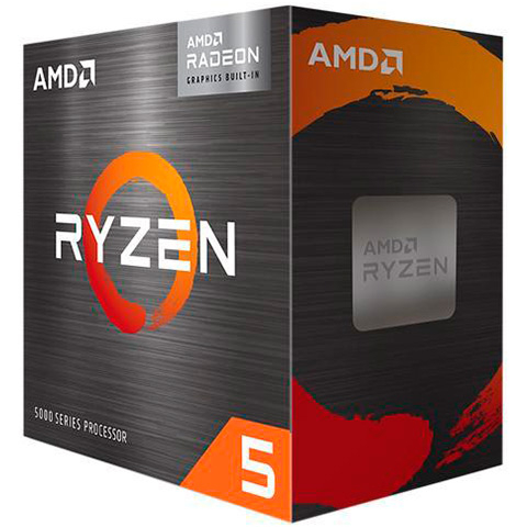 Caixa do processador AMD Ryzen 5 5000 Series com texto e detalhes em laranja