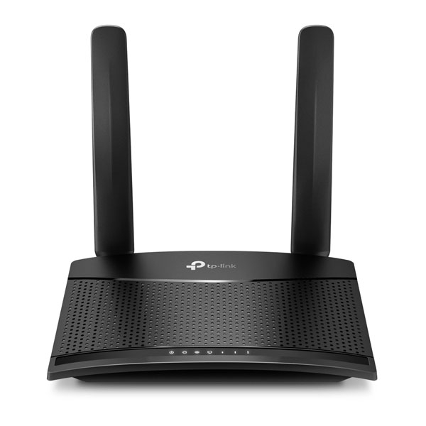 Roteador TP-Link preto com duas antenas verticais e indicadores LED