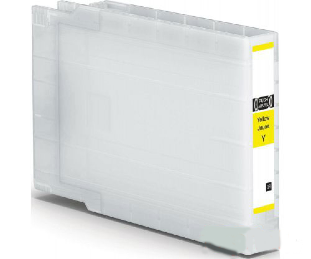 Cartucho de tinta amarela de impressora com etiqueta