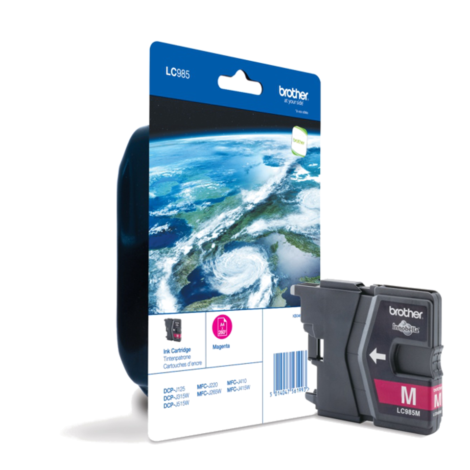 Cartucho de tinta magenta Brother LC985M com embalagem azul e imagem do planeta Terra