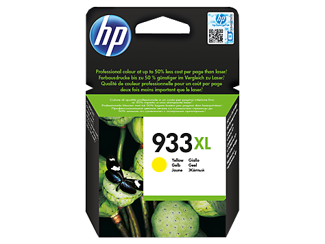 Cartucho tinta HP 933XL amarelo com embalagem preta e imagem de plantas e borboleta