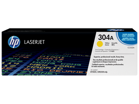 Cartucho de toner HP LaserJet 304A amarelo na embalagem preta com texto e logotipo