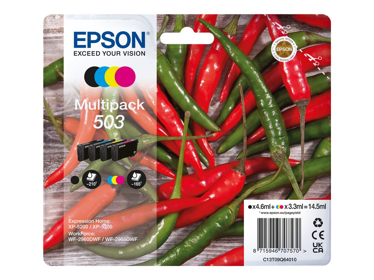 Embalagem de multipack de tinteiros Epson 503 com pimentos vermelhos e verdes no fundo
