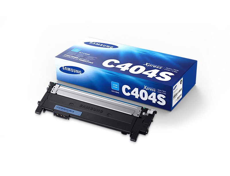 Cartucho de toner cian Samsung Xpress C404S com embalagem azul e branca