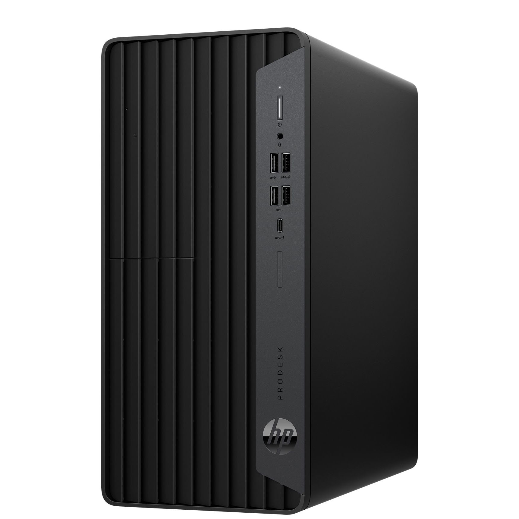 Computador desktop HP ProDesk preto com texturas verticais e portas frontais
