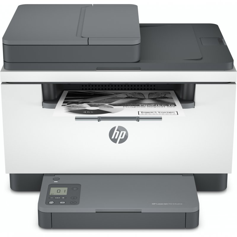 Impressora HP LaserJet M234sdne branca e cinza com papel a sair