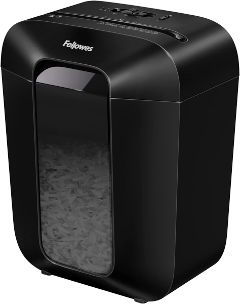 Máquina de triturar papel preta Fellowes com janela transparente e botões no topo