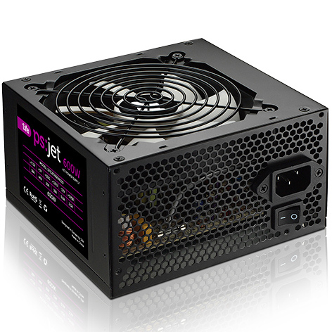 Fonte de alimentação de computador preta com ventoinha e etiqueta roxa