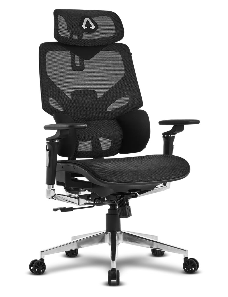 Cadeira de escritório ergonómica preta com apoio de cabeça e base metálica com rodas