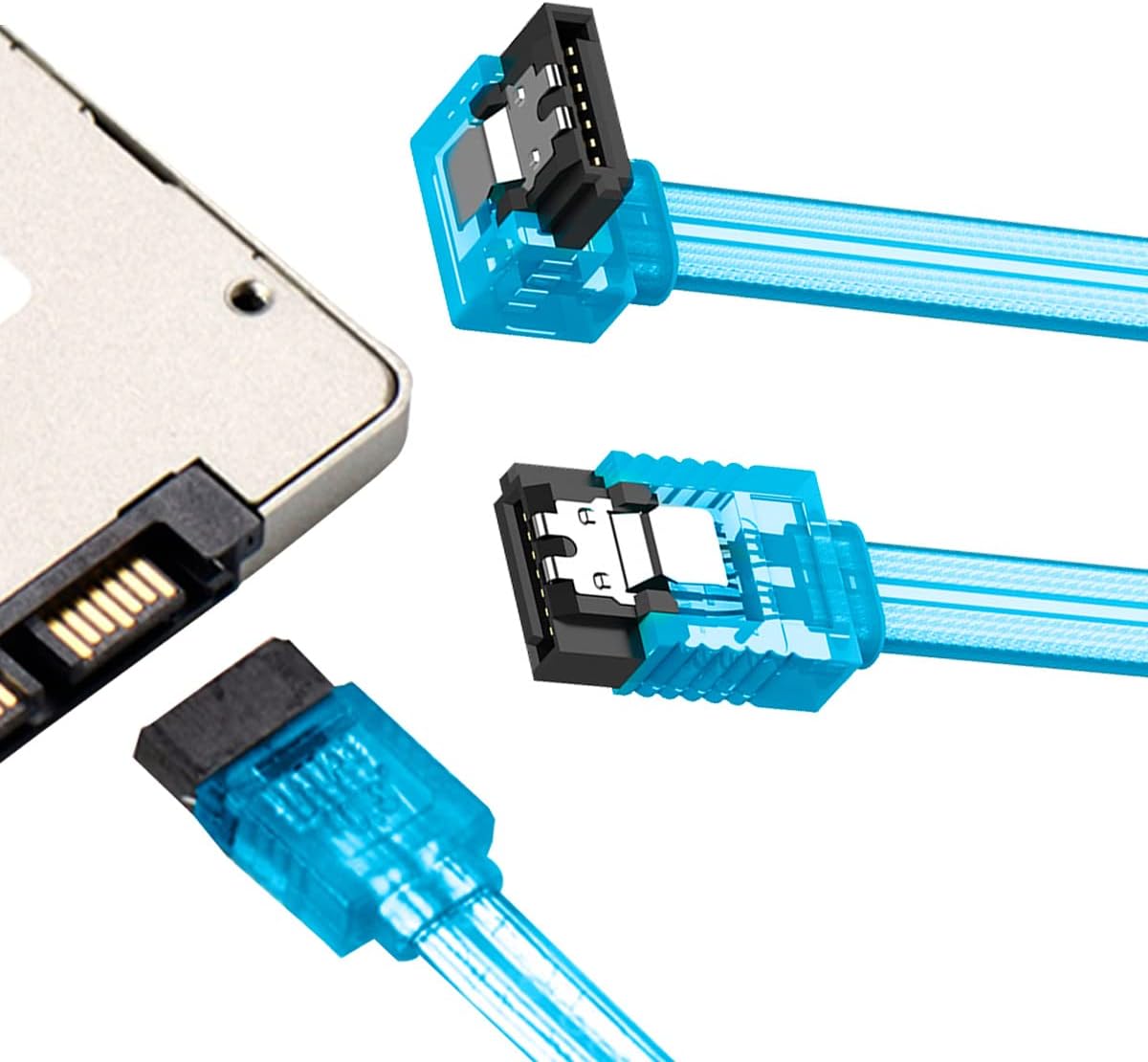 Cabo SATA azul translúcido com conectores preto e metal junto a armazenamento sólido