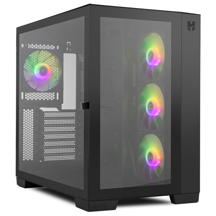 Caixa de computador preta com ventoinhas RGB coloridas visíveis através de painéis transparentes