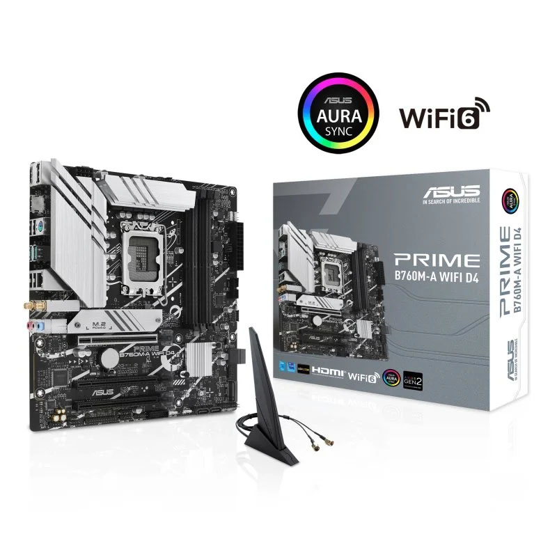 Placa-mãe ASUS PRIME B760M-A WIFI D4 com antena e embalagem