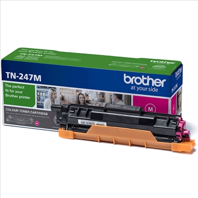 Cartucho de toner Brother TN-247M magenta com embalagem azul e verde