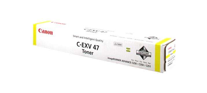 Embalagem branca de toner Canon C-EXV 47 com detalhes amarelos e texto impresso