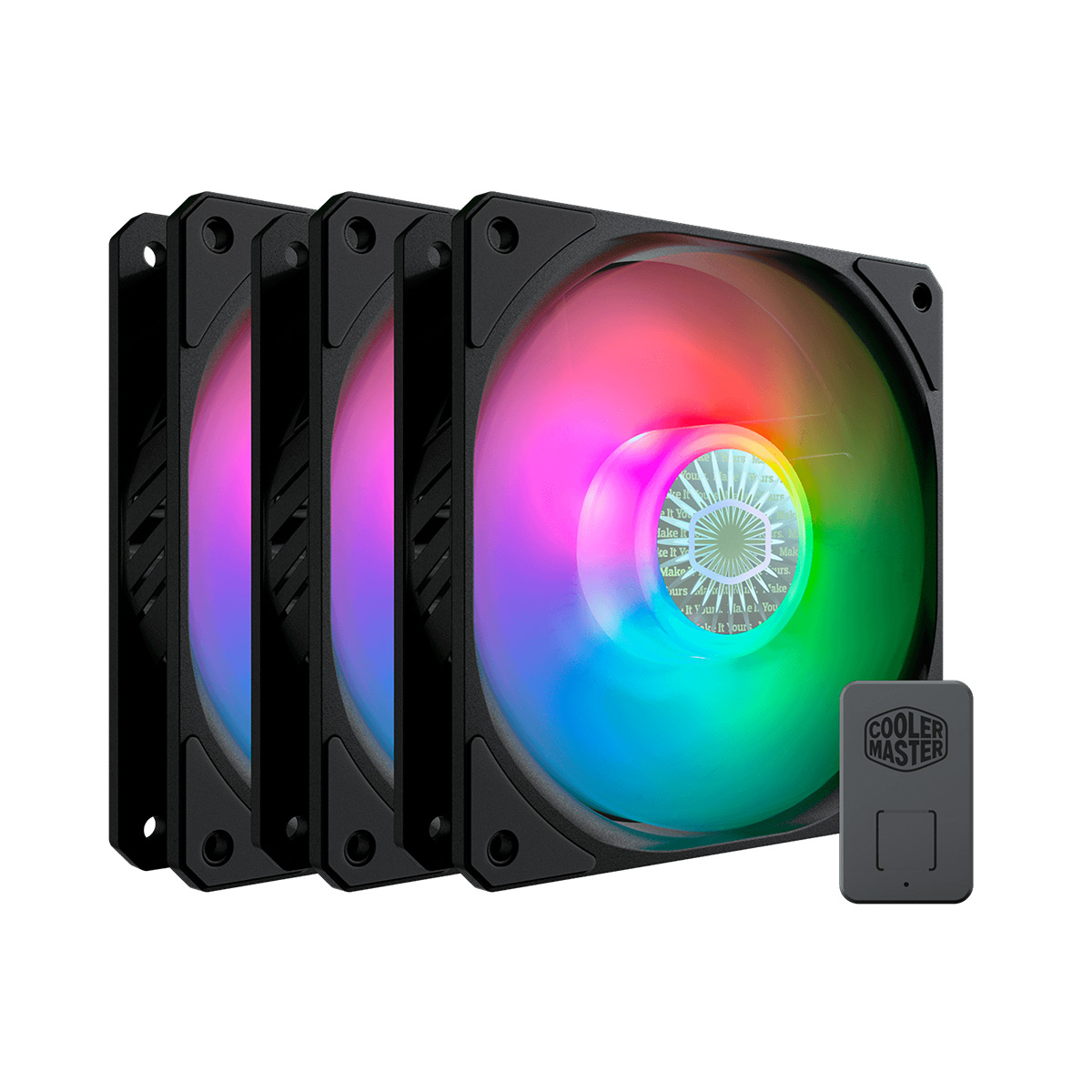 Quatro ventoinhas RGB pretas para computador com controlador Cooler Master preto