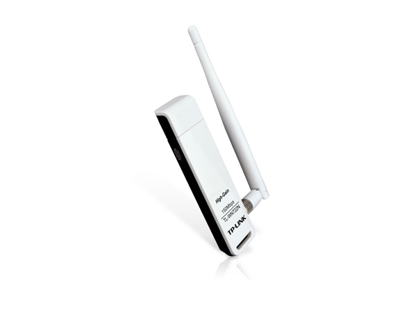 Adaptador USB Wi-Fi branco com antena externa e texto TP-LINK