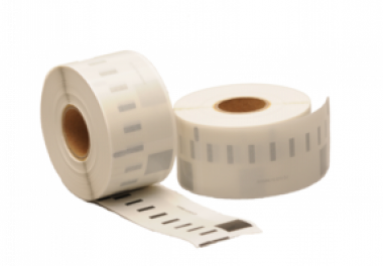Dois rolos de etiquetas térmicas brancas com marcas cinzentas.
