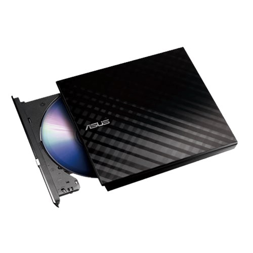 Gravador de DVD externo ASUS preto com disco inserido